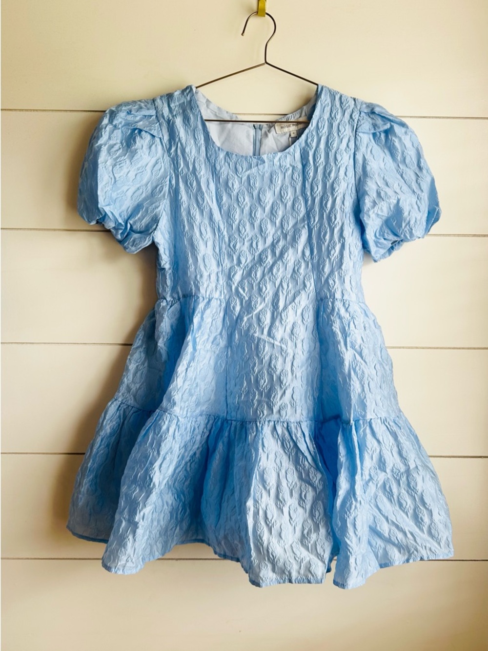 Light Blue Textured Puff-Sleeve Kids Dress
